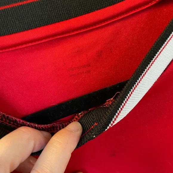 adidas | Red Jersey | V-neck, White Stripes - Picture 5 of 7